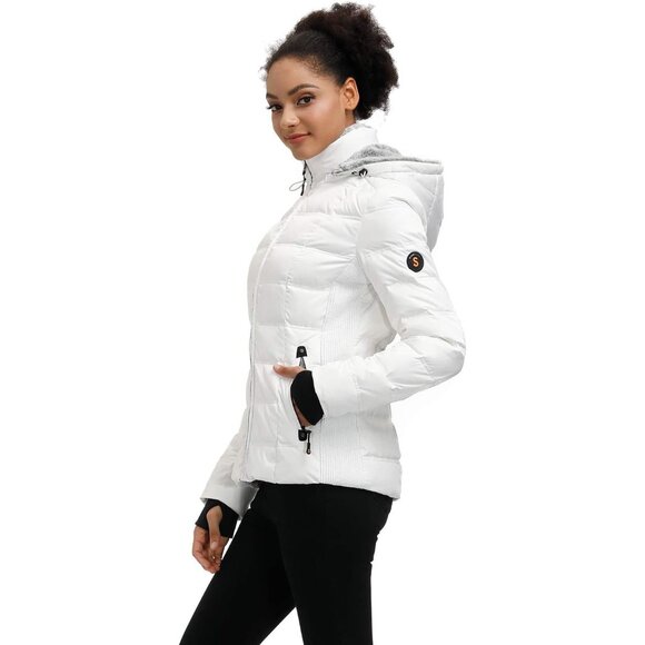 π Women White Down Puffer Jacket Warm Winter Faux-Fur Collar Hood Coat Comfort - Picture 2 of 7